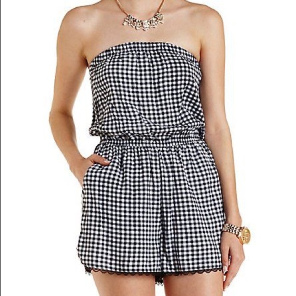 Black and white checkered plaid gingham romper